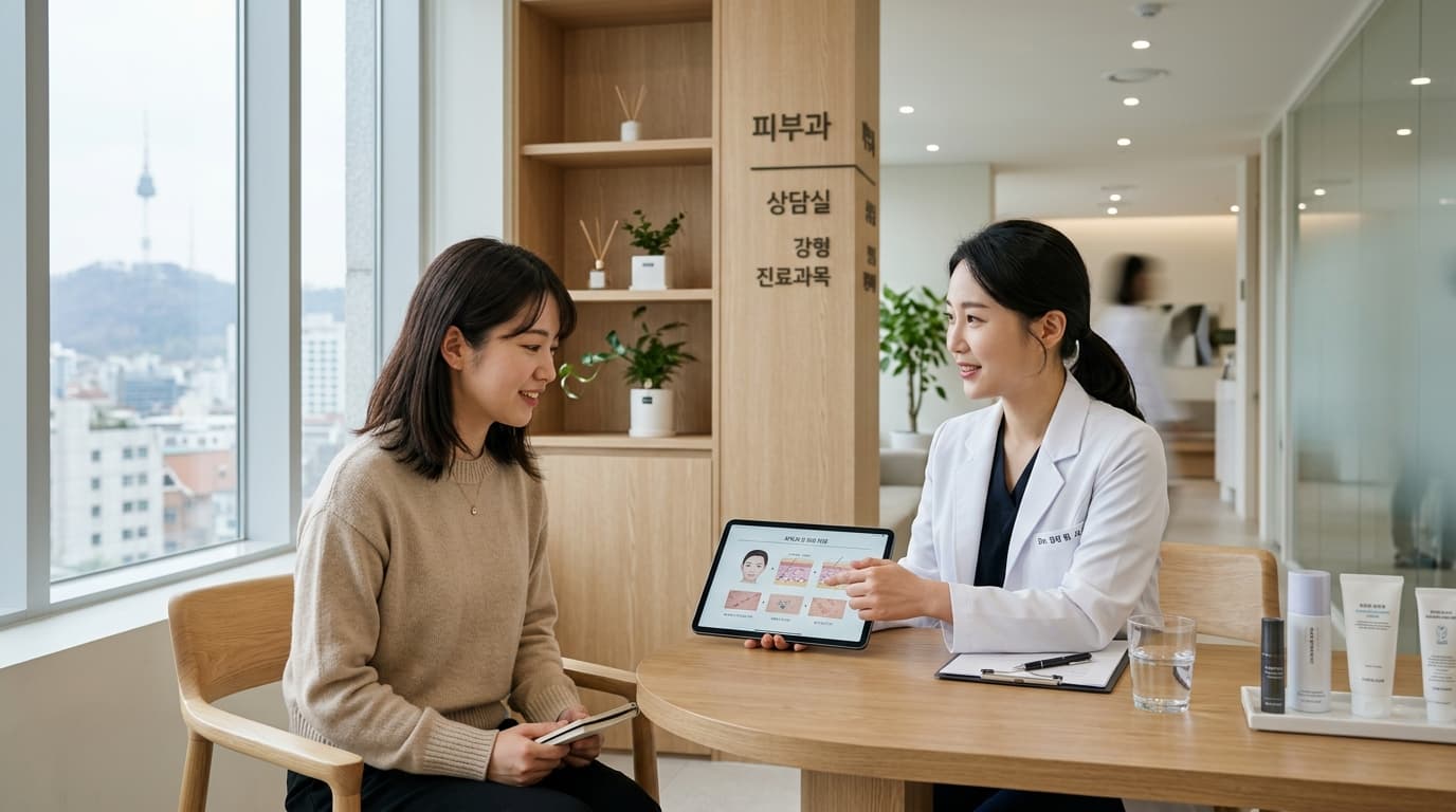 韓国ソウルの美容皮膚科で日本人女性が医師と相談している様子
