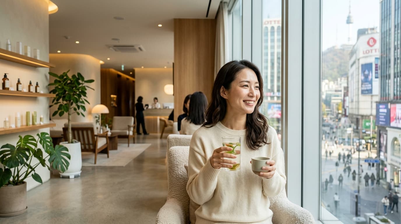 明洞近くの美容クリニックでリジュラン施術後に笑顔の日本人女性