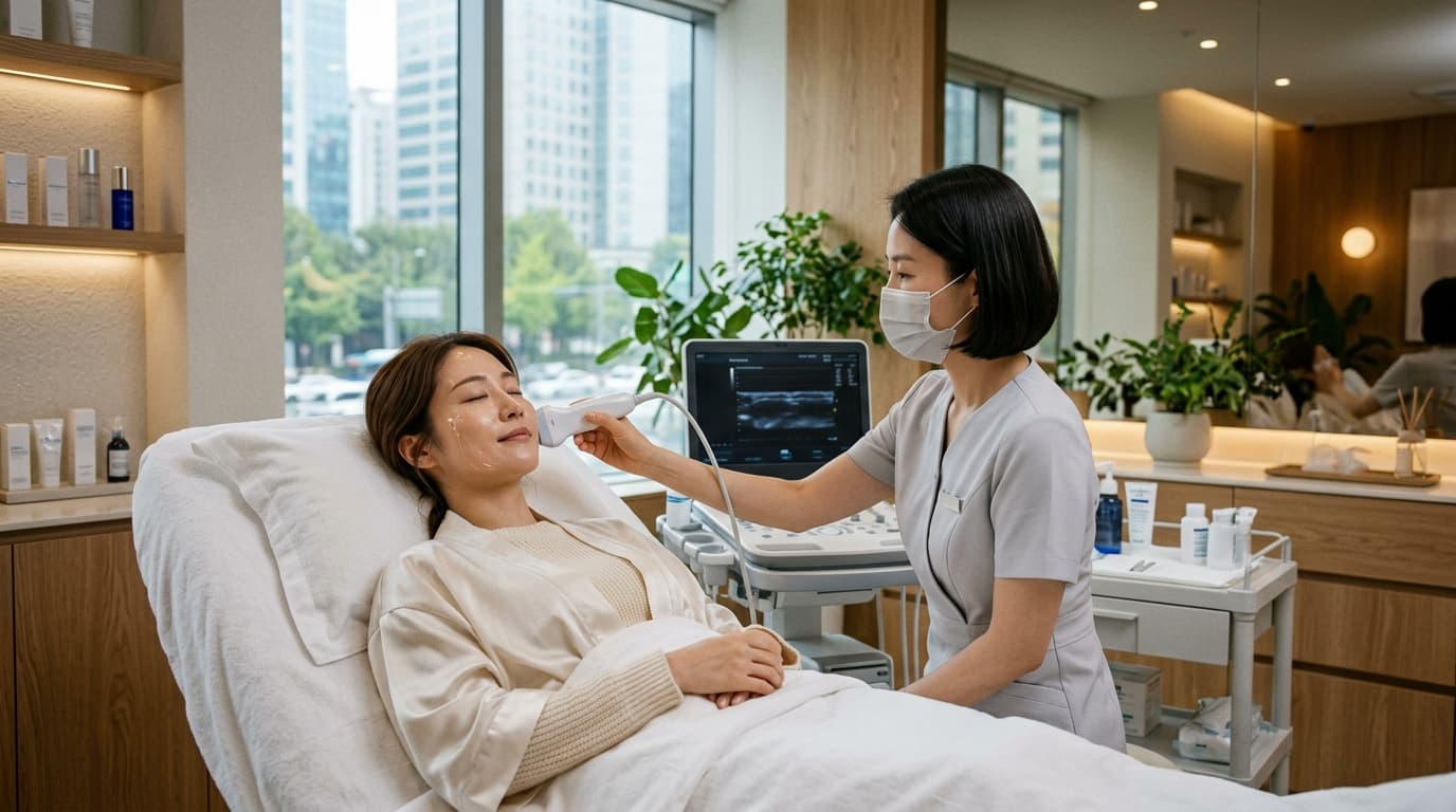 江南エリアのおしゃれな韓国美容皮膚科でシュリンク施術を受ける日本人女性