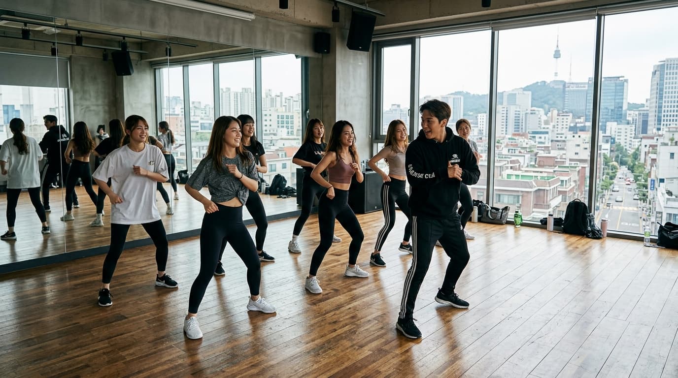 ソウルのダンススタジオで日本人女性たちがK-POPダンスレッスンを受けている様子