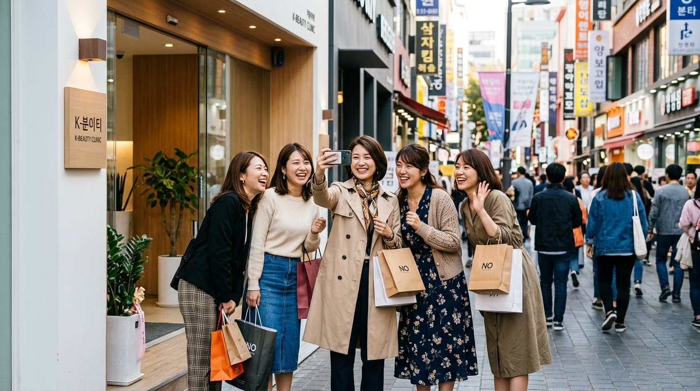 明洞でショッピングと美容クリニックを楽しむ日本人女性グループ