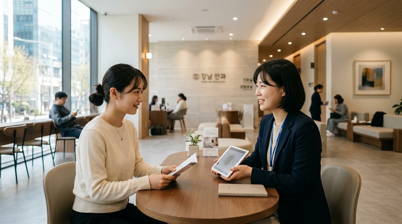 ソウル江南の眼科クリニックで日本人女性が相談している様子