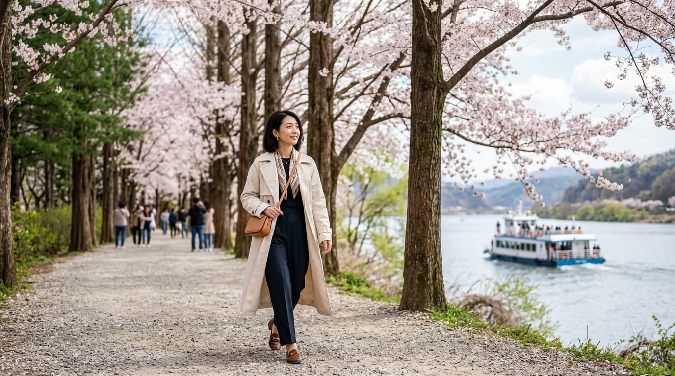 春の南怡島・並木道を歩く日本人観光客女性の写真