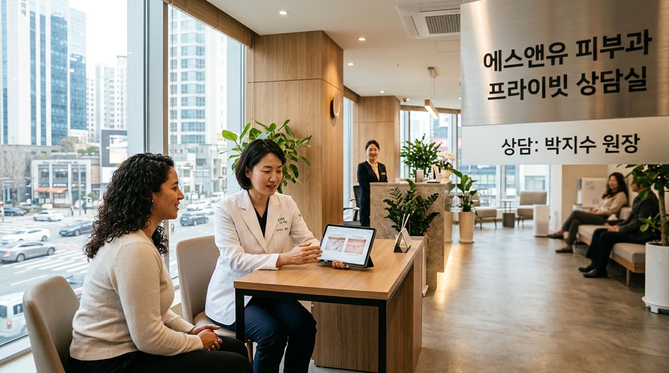서울 피부과에서 외국인 방문객이 상담받는 모습