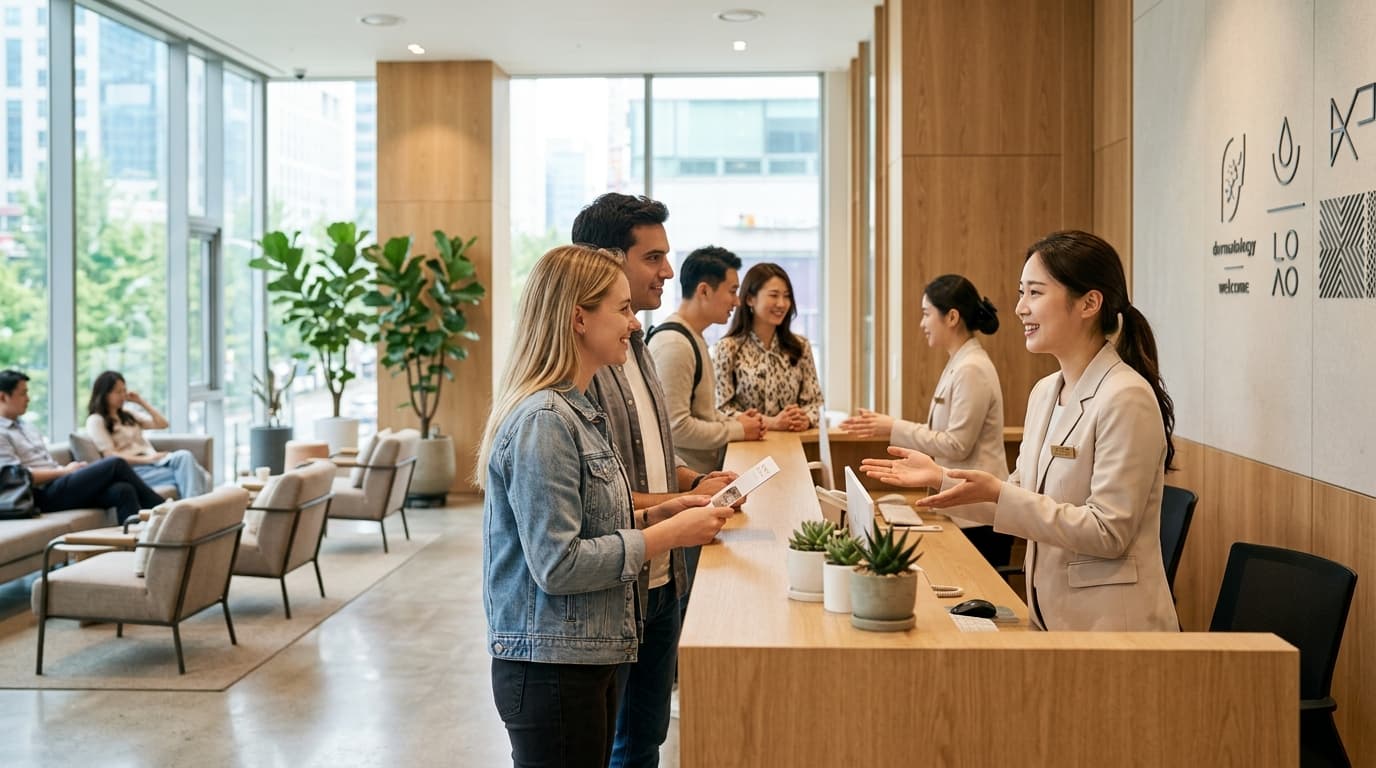서울 피부과 클리닉 로비에서 다양한 국적의 외국인이 통역 직원과 상담하는 장면