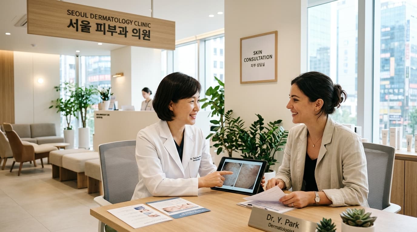 서울의 현대적인 피부과에서 한국 의사가 외국인 방문객을 상담하는 장면