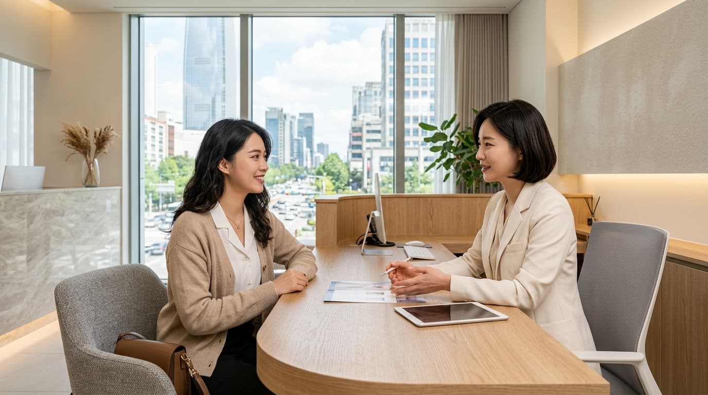 台灣女生在首爾江南醫美診所櫃檯與韓國工作人員諮詢