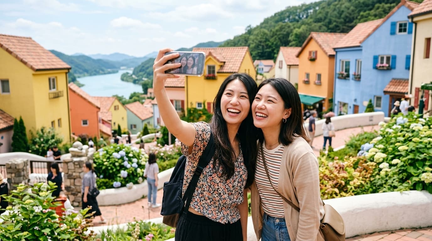 兩位台灣女生在小法國村彩色建築前自拍，背景為南怡島綠意與河景
