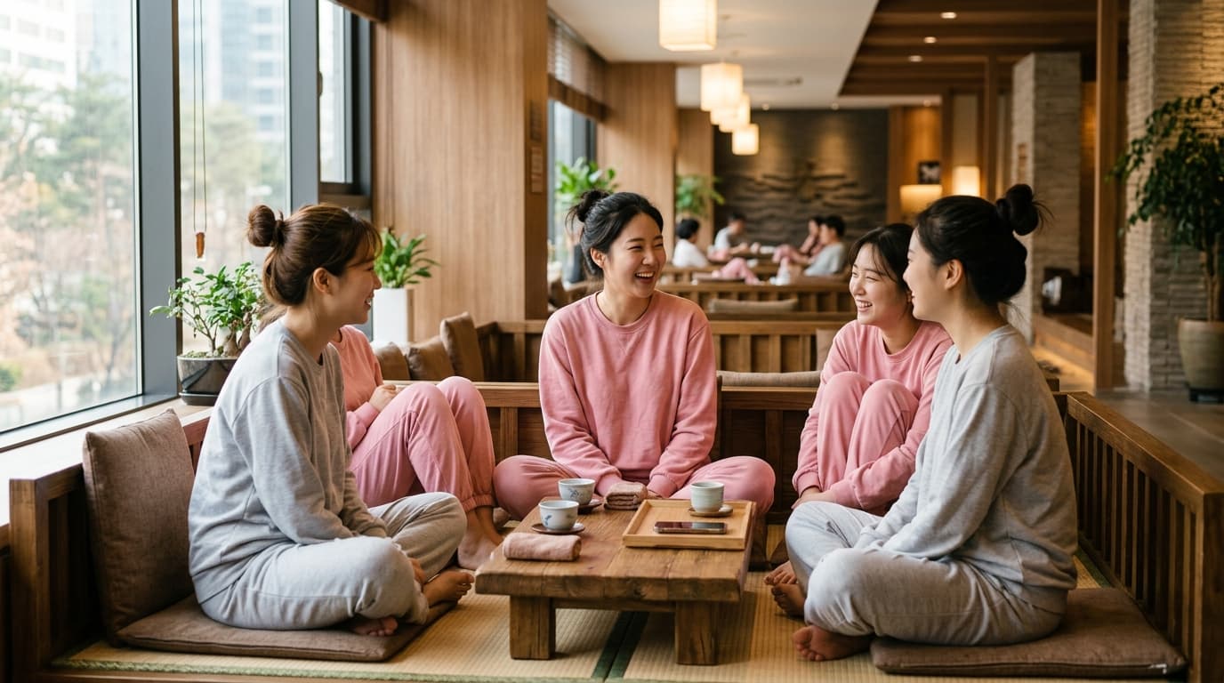 首爾汗蒸幕內部，年輕女性穿汗蒸服在休息區放鬆聊天