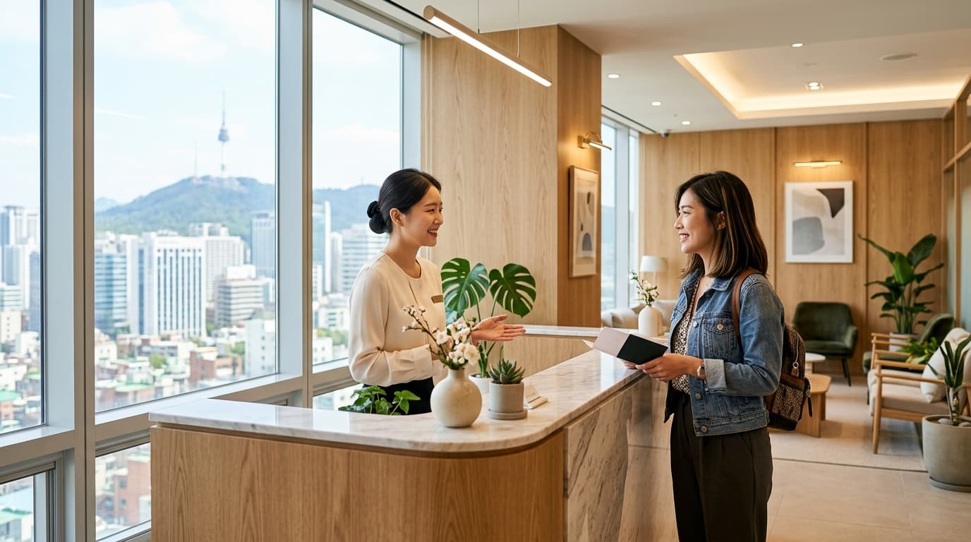 台灣女生在首爾明洞現代醫美診所櫃檯報到的情景