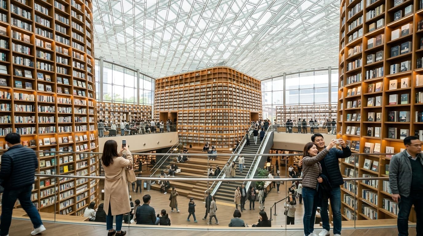 The grand interior of Starfield Library COEX Seoul with tall bookshelves and visitors taking photos