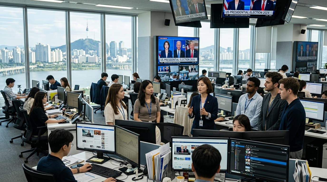 Foreign visitors with an English-speaking guide inside a bustling Korean newsroom in Seoul