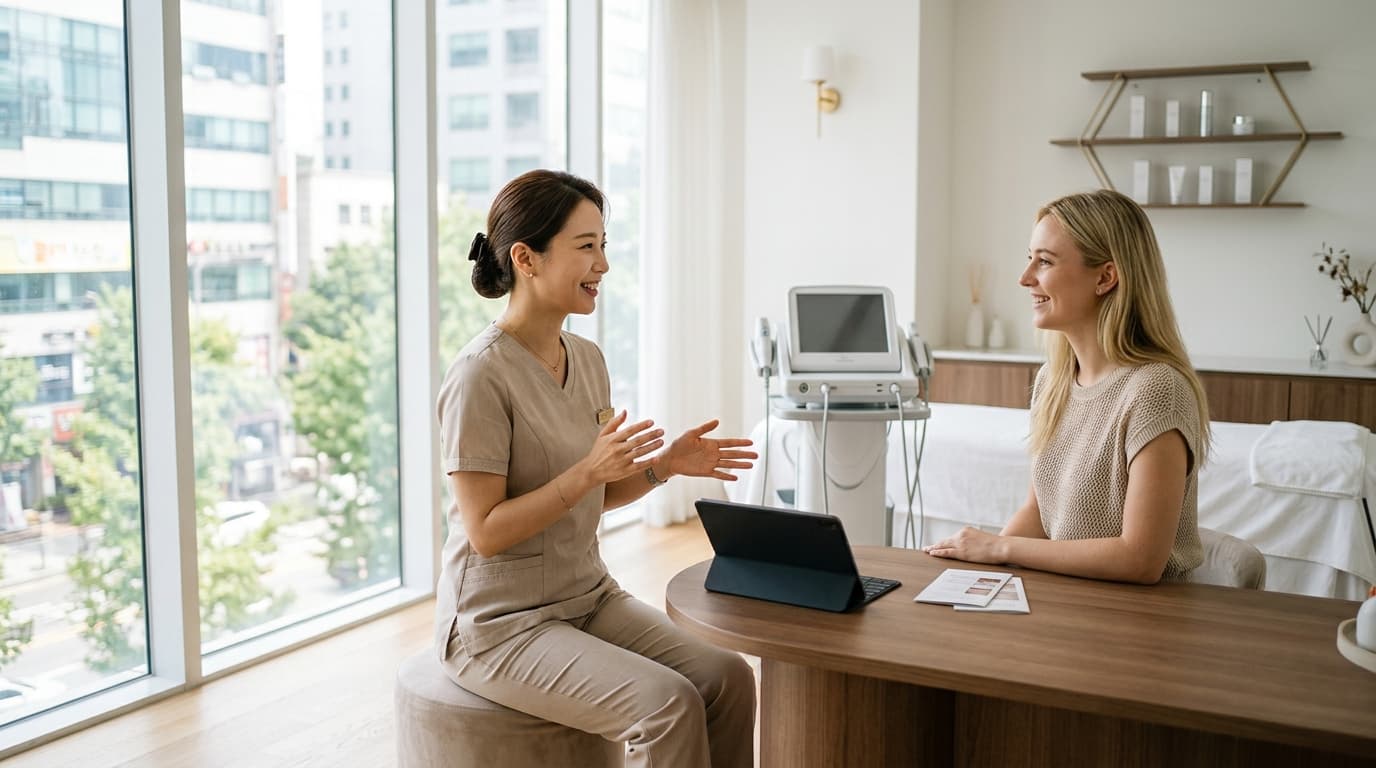 A visitor and staff member in a modern Korean skin clinic with SHRINK UNIVERSE machine