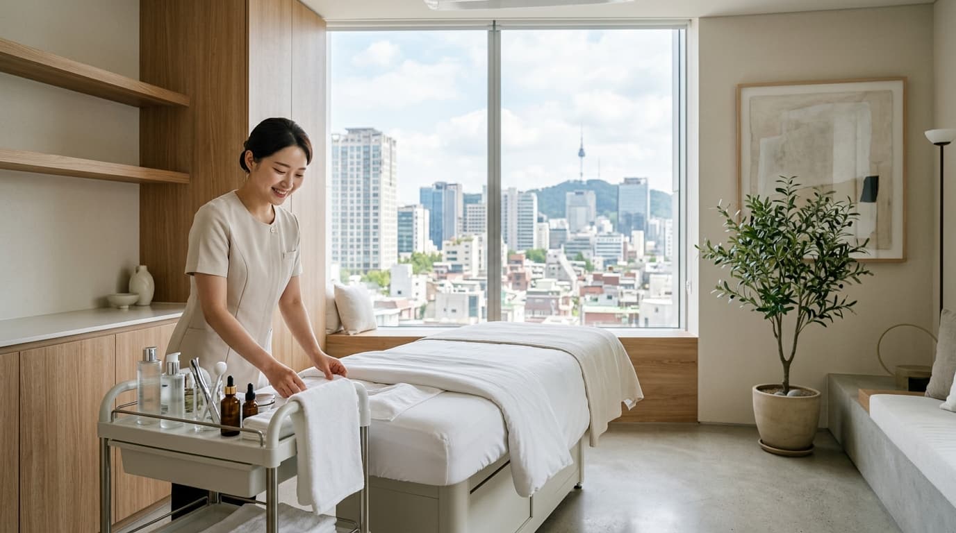 A bright, welcoming Seoul skin clinic with treatment bed and sunlight, ready for visitors