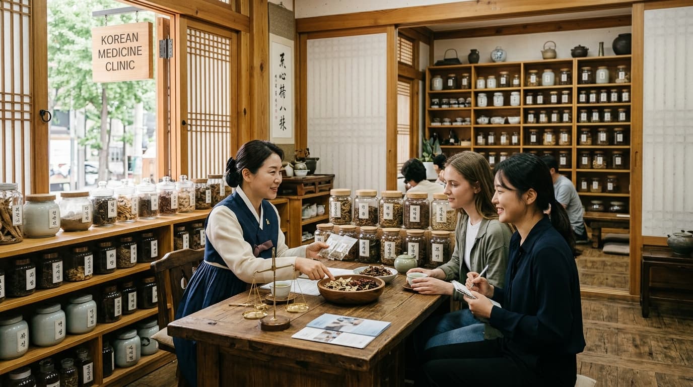 A traditional Korean medicine clinic in Seoul with herbal jars, a practitioner, and an English interpreter assisting tourists