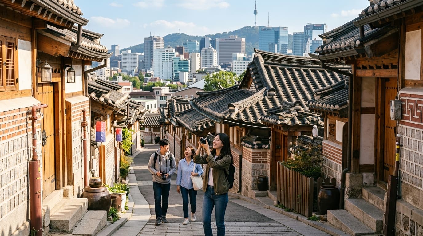 Tourists exploring a hanok-lined alley in Bukchon Hanok Village, Seoul