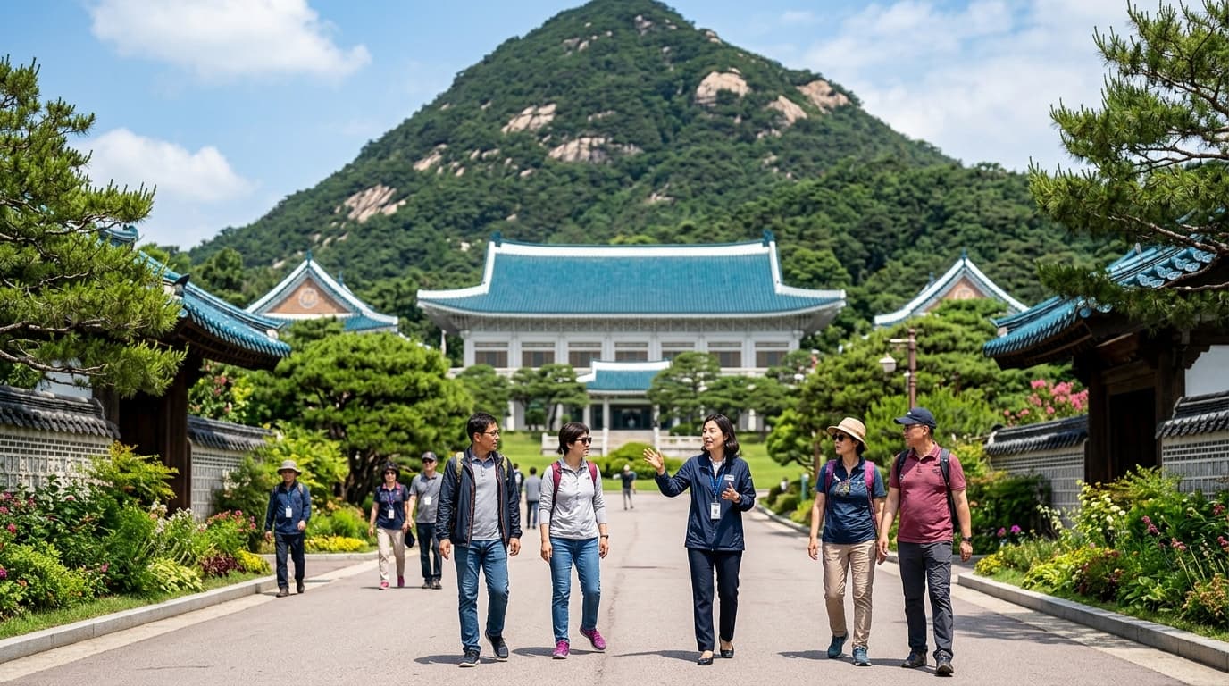 Visitors touring Seoul’s Blue House with a guide, blue-tiled rooftops and mountains in background