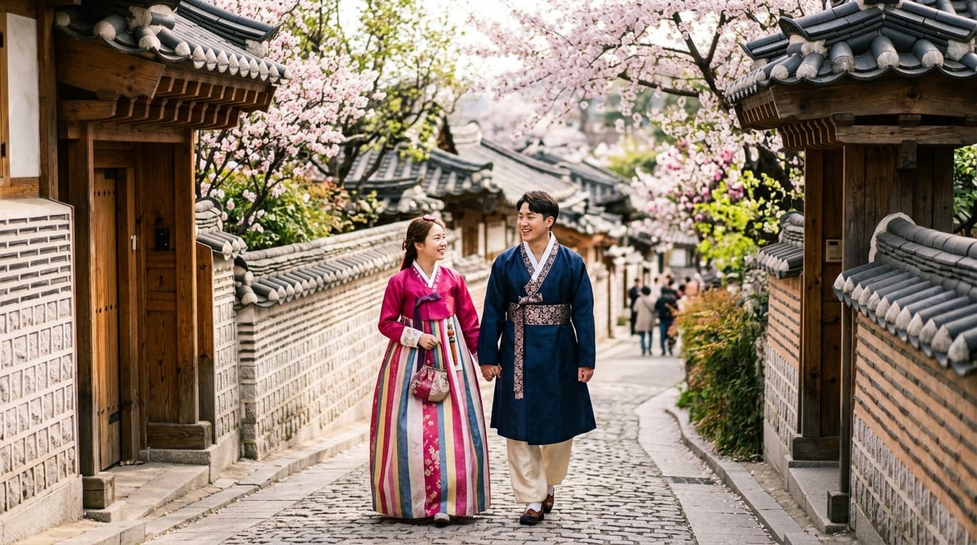 Tourists in hanbok walking in Bukchon Hanok Village with traditional Korean houses