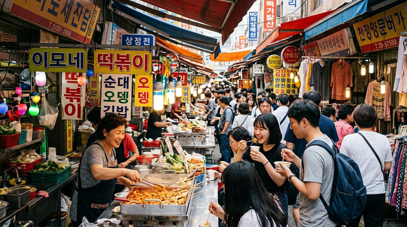 Visitors exploring a busy Korean traditional market with food stalls and vibrant crowds
