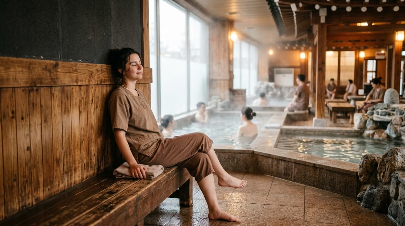 Traveler enjoying a Korean bath house sauna in Seoul, surrounded by steam and warm wooden interiors