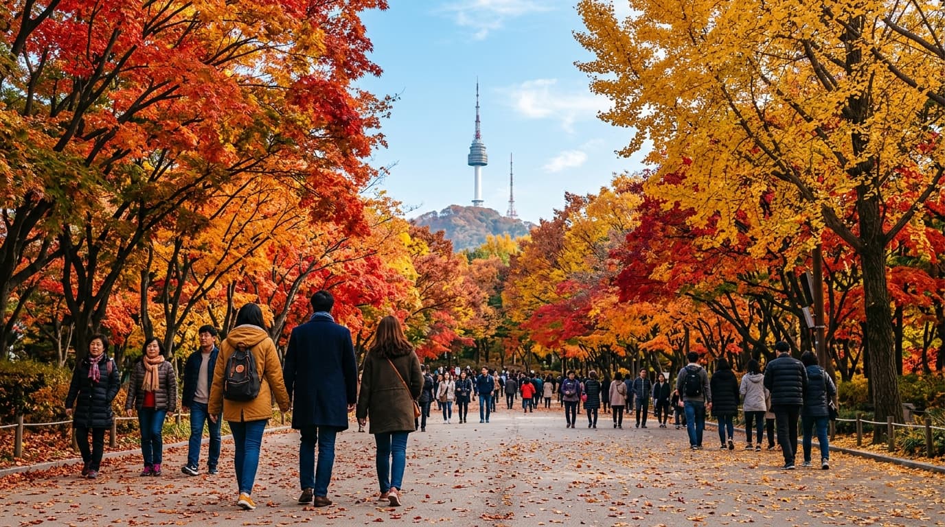 Travelers enjoying autumn foliage under colorful trees in a Seoul park with Namsan Tower in view