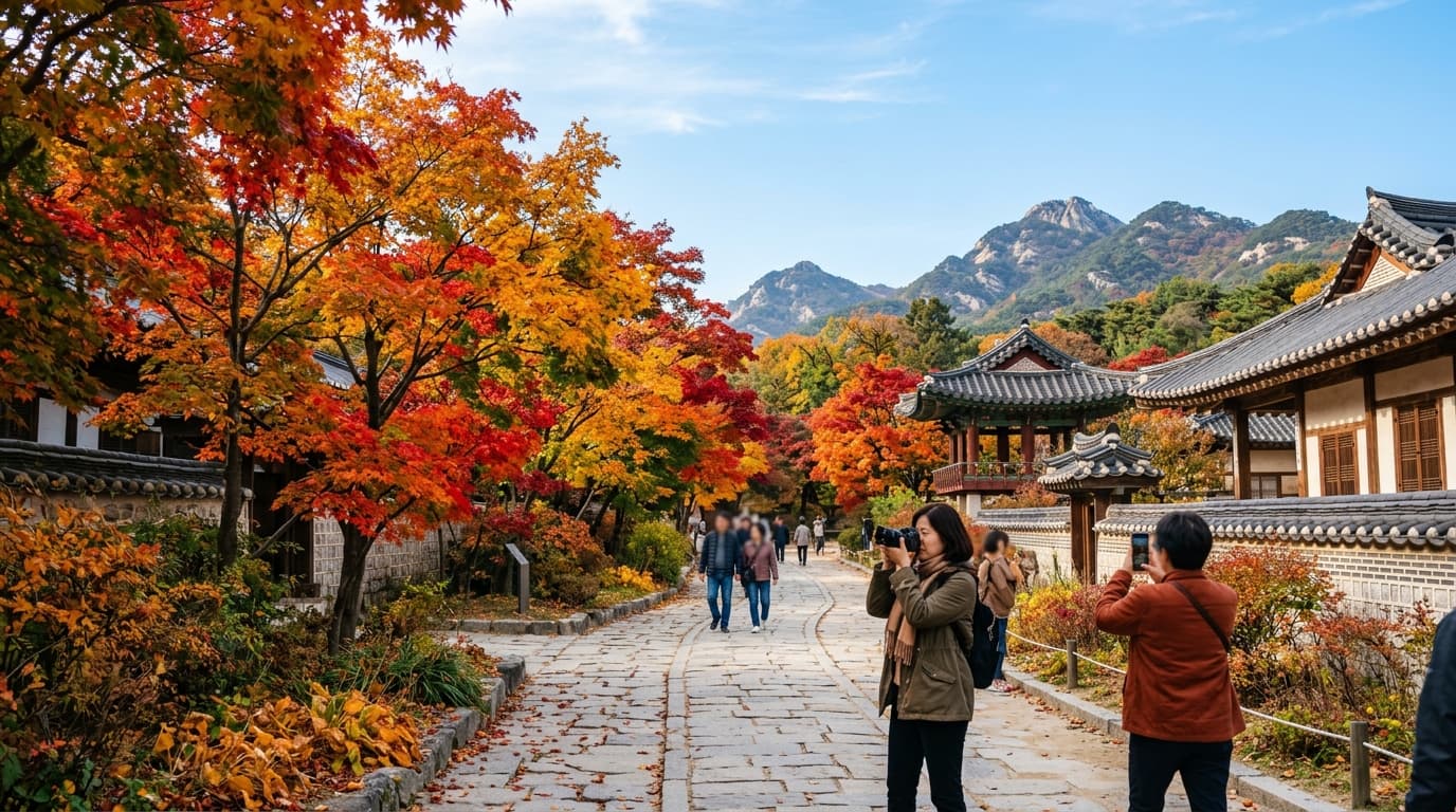 Vivid autumn leaves at a Korean palace walkway with visitors and mountains in the background