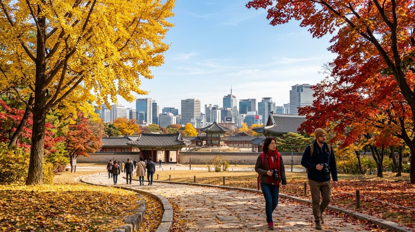 Tourists enjoying autumn foliage at a Korean palace with vivid red and yellow leaves and a city skyline behind