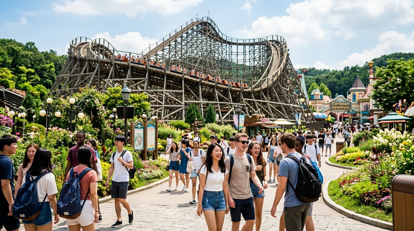 Tourists at Everland theme park in Korea, with T-Express roller coaster in view