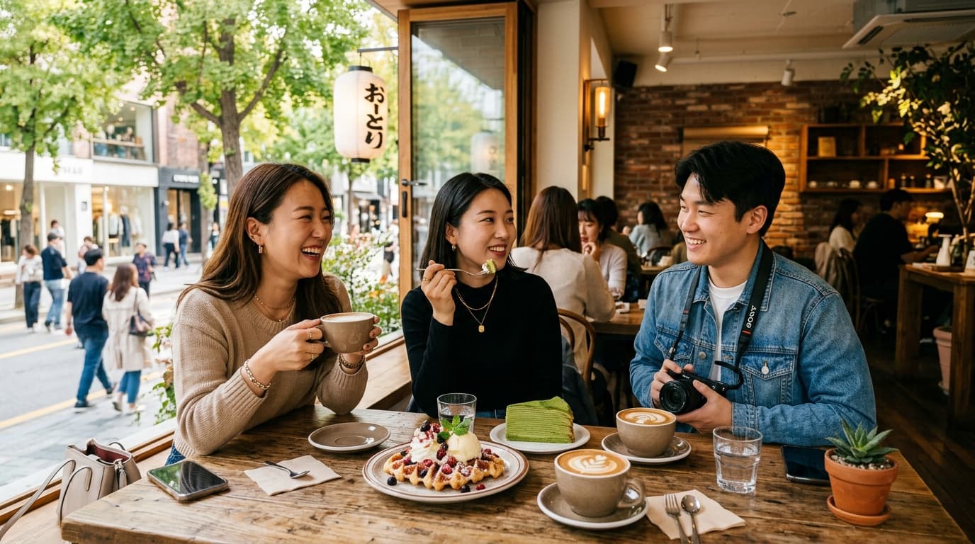 Young travelers at a stylish Garosu-gil cafe in Gangnam with coffee and desserts