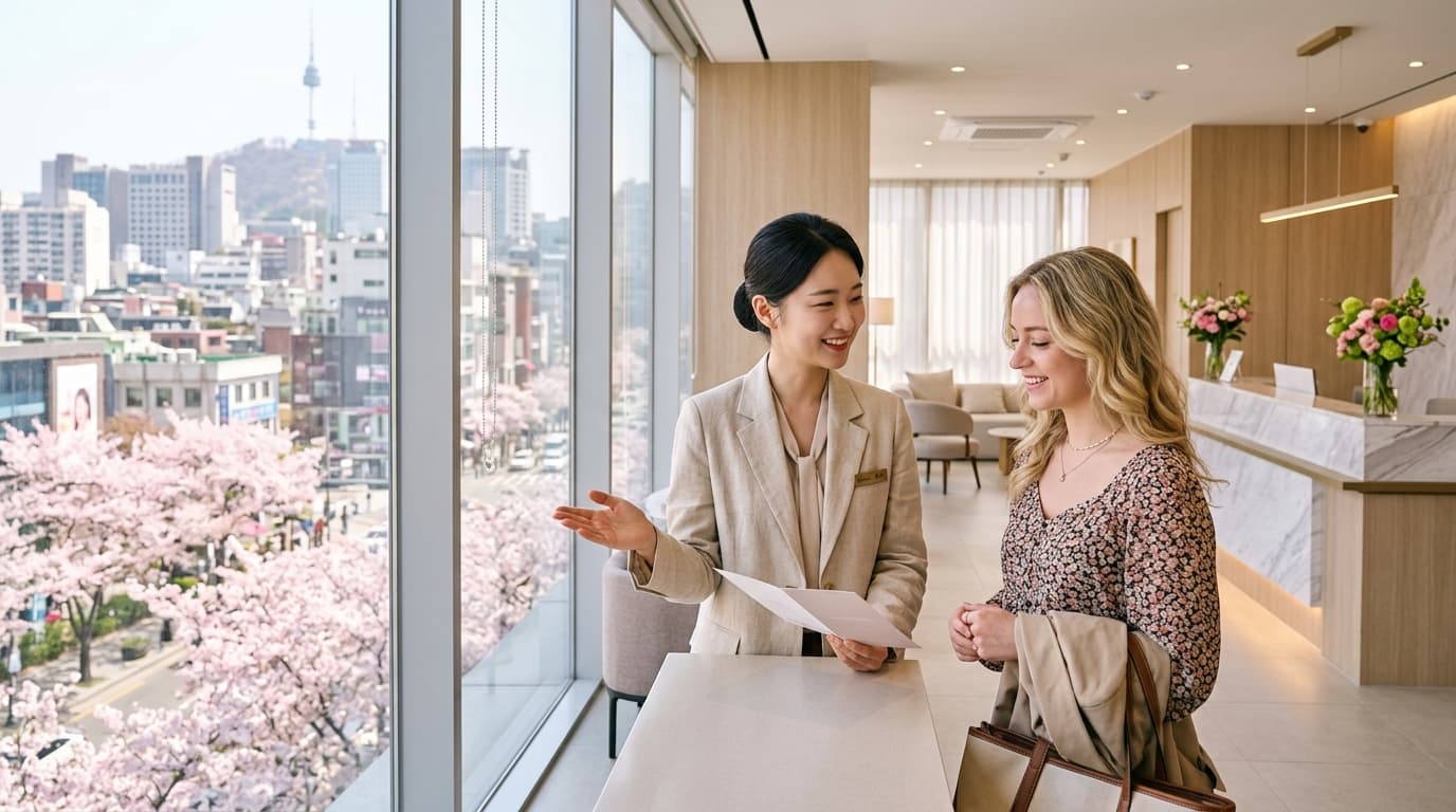 A foreign visitor greeted by staff at a bright Seoul beauty clinic with cherry blossoms outside