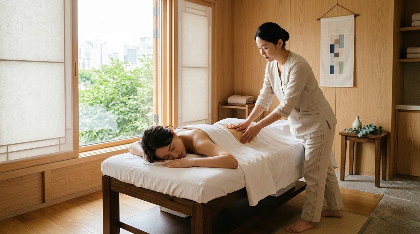 Guest enjoying a Korean spa massage in a modern Seoul spa, with warm wooden decor