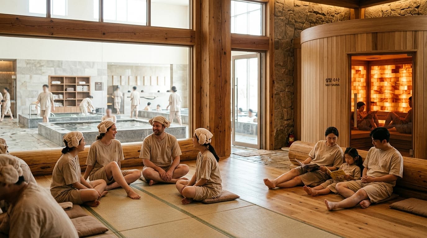 Tourists in a Seoul jjimjilbang lounging in communal sauna rooms with wooden interiors