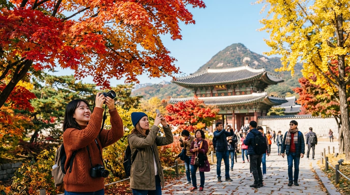 Travelers enjoying colorful fall foliage in Korea with maples, ginkgo trees, and a palace or mountain backdrop