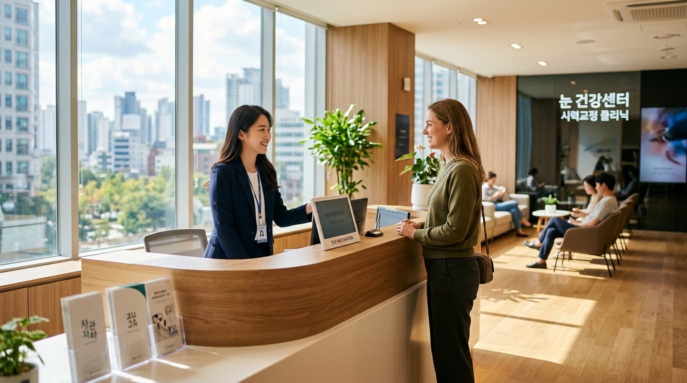 A foreign patient and interpreter at a Seoul LASIK clinic reception desk