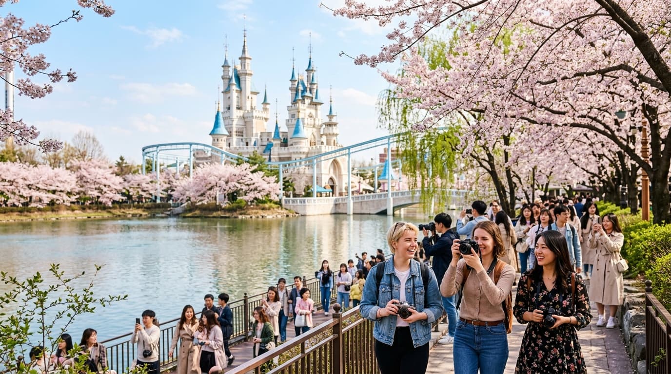 Lotte World castle and entrance area with international tourists in Seoul