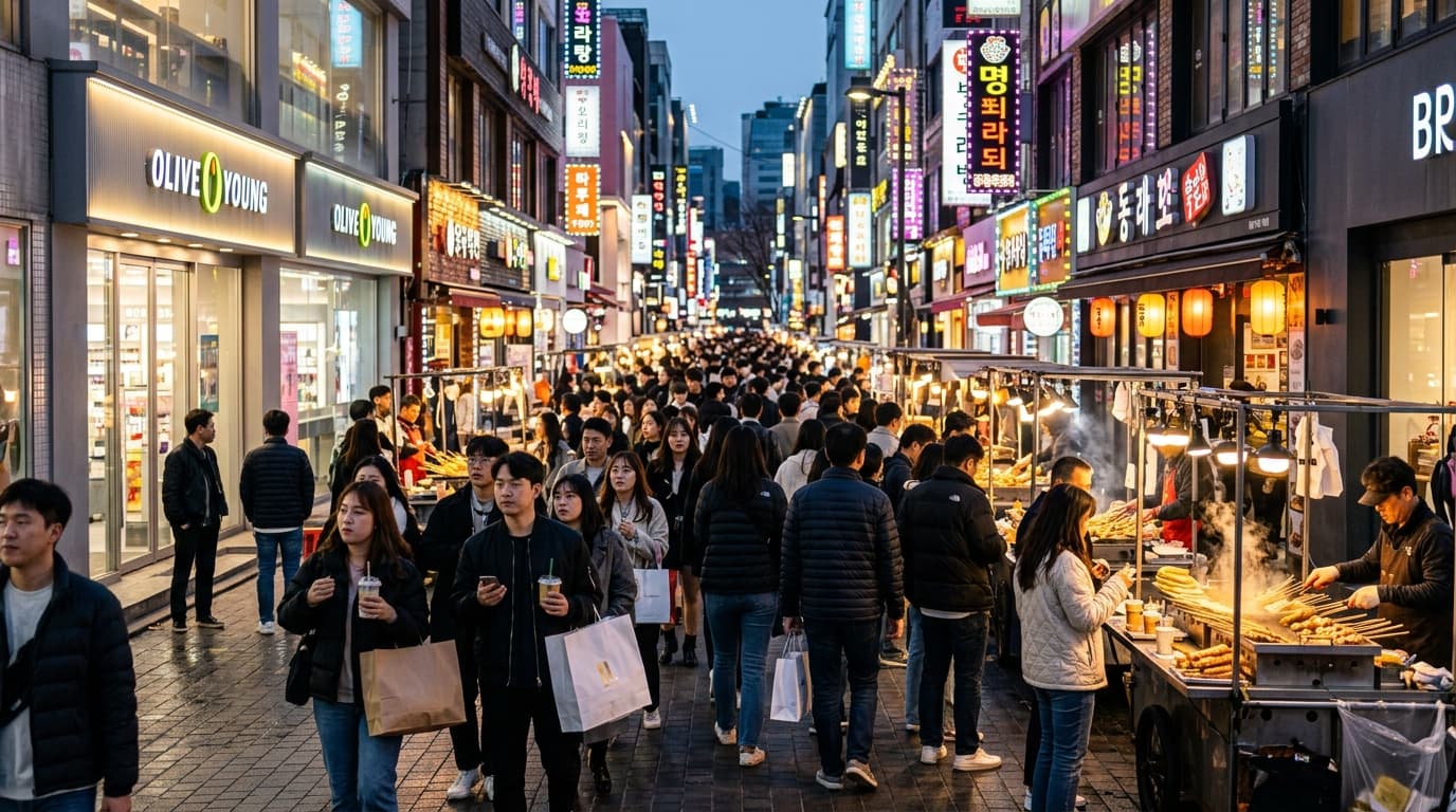 Myeongdong shopping street filled with shoppers, street food stalls, and bright store signs in Seoul