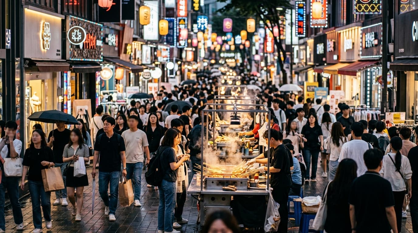 Myeongdong shopping street at dusk with crowds, lit-up shops, and vibrant street food stalls