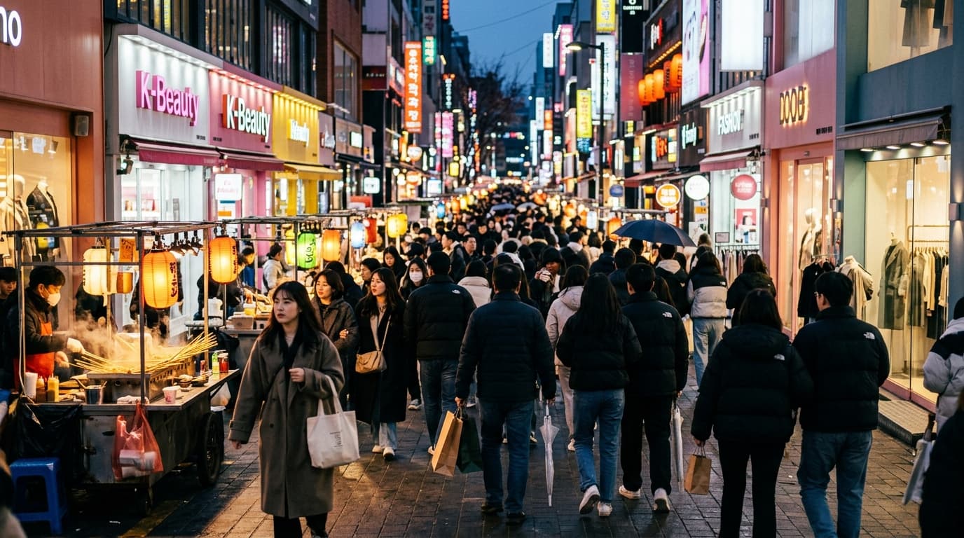 Shoppers exploring Myeongdong's lively street lined with K-beauty shops and food stalls in Seoul