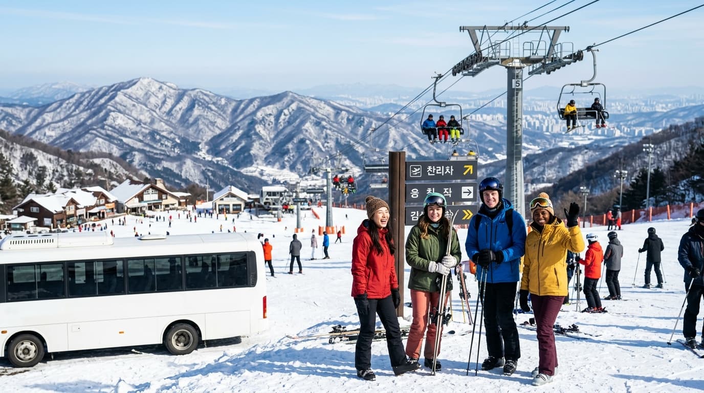 English-speaking tourists preparing for a ski day near Seoul with a shuttle bus and snowy resort in the background