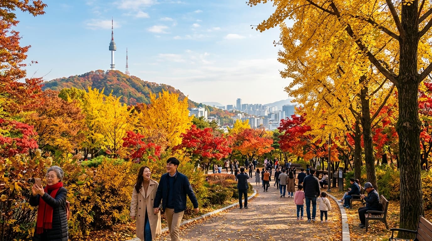 Golden and red autumn leaves in a Seoul park with Namsan Tower in the background