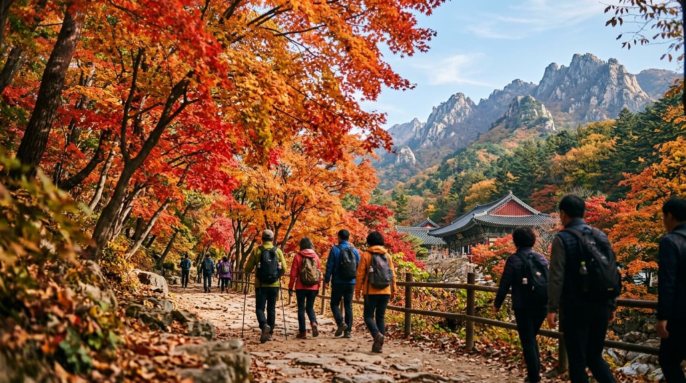Travelers enjoying peak autumn foliage under maple trees in a Korean national park