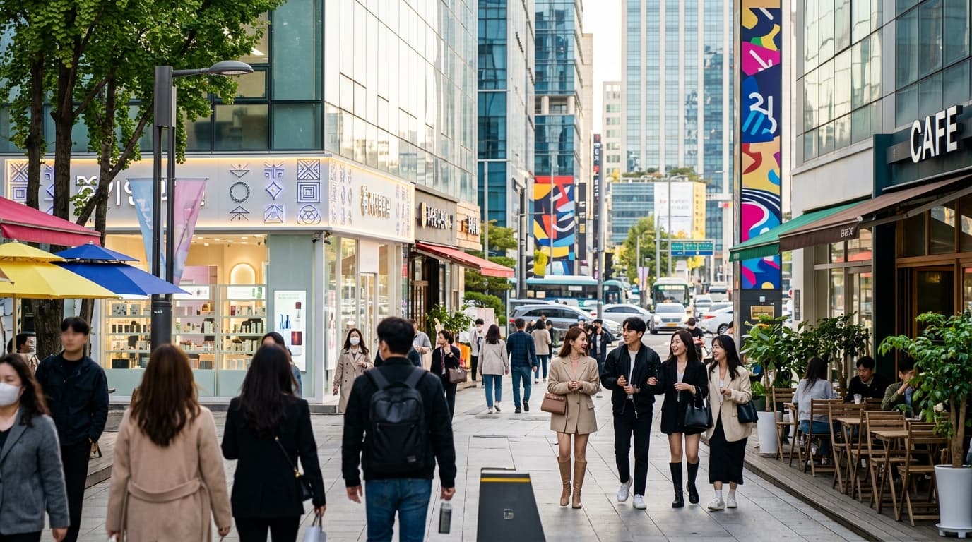 Morning street in Gangnam with modern buildings, cafes, and people