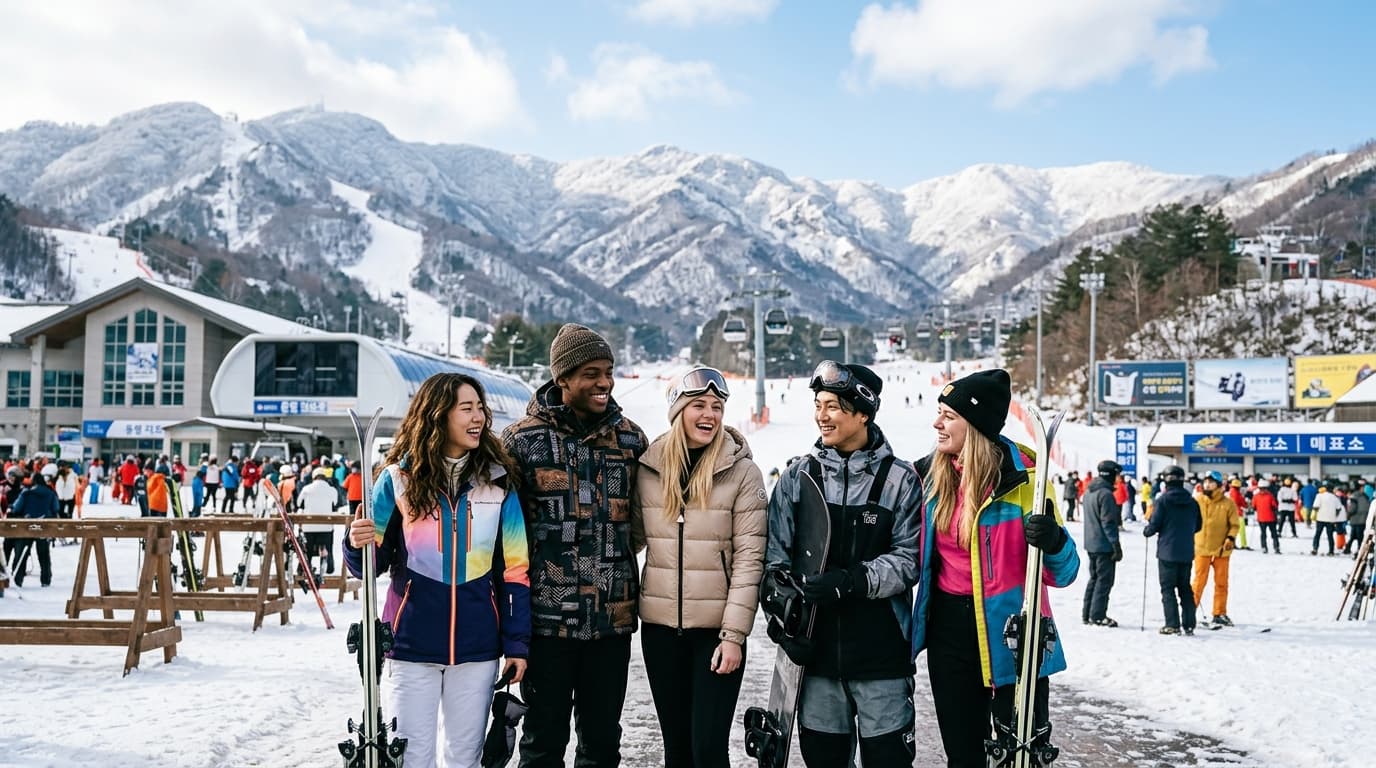 International tourists in ski gear at a Korean ski resort near Seoul, snowy mountains and ski lifts in background