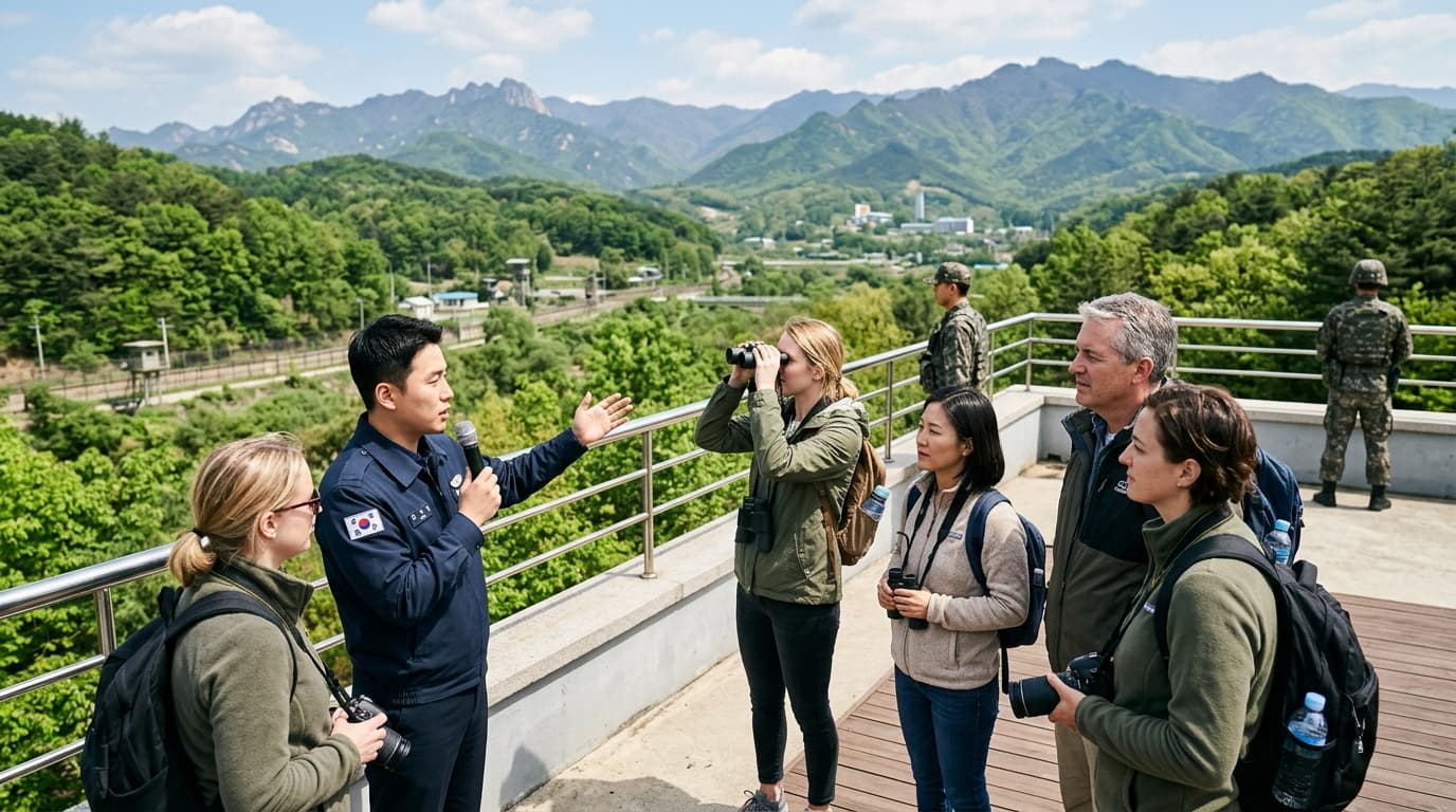 Tourists with an English-speaking guide at the Korean DMZ, viewing the border area on a clear day