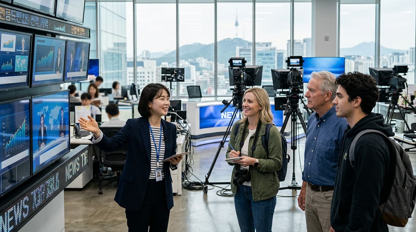 Tourists with an English interpreter exploring a Seoul newsroom, watching journalists at work