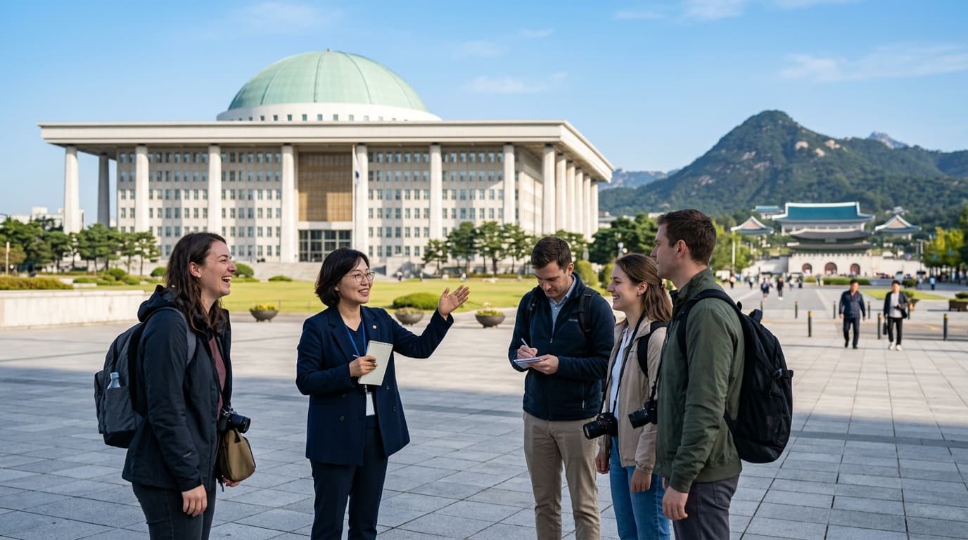 Travelers on a political sites walking tour in Seoul, with an English-speaking guide at the National Assembly