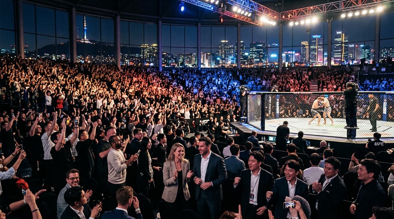 Nighttime UFC fight in a Seoul arena with VIP guests and lively crowd