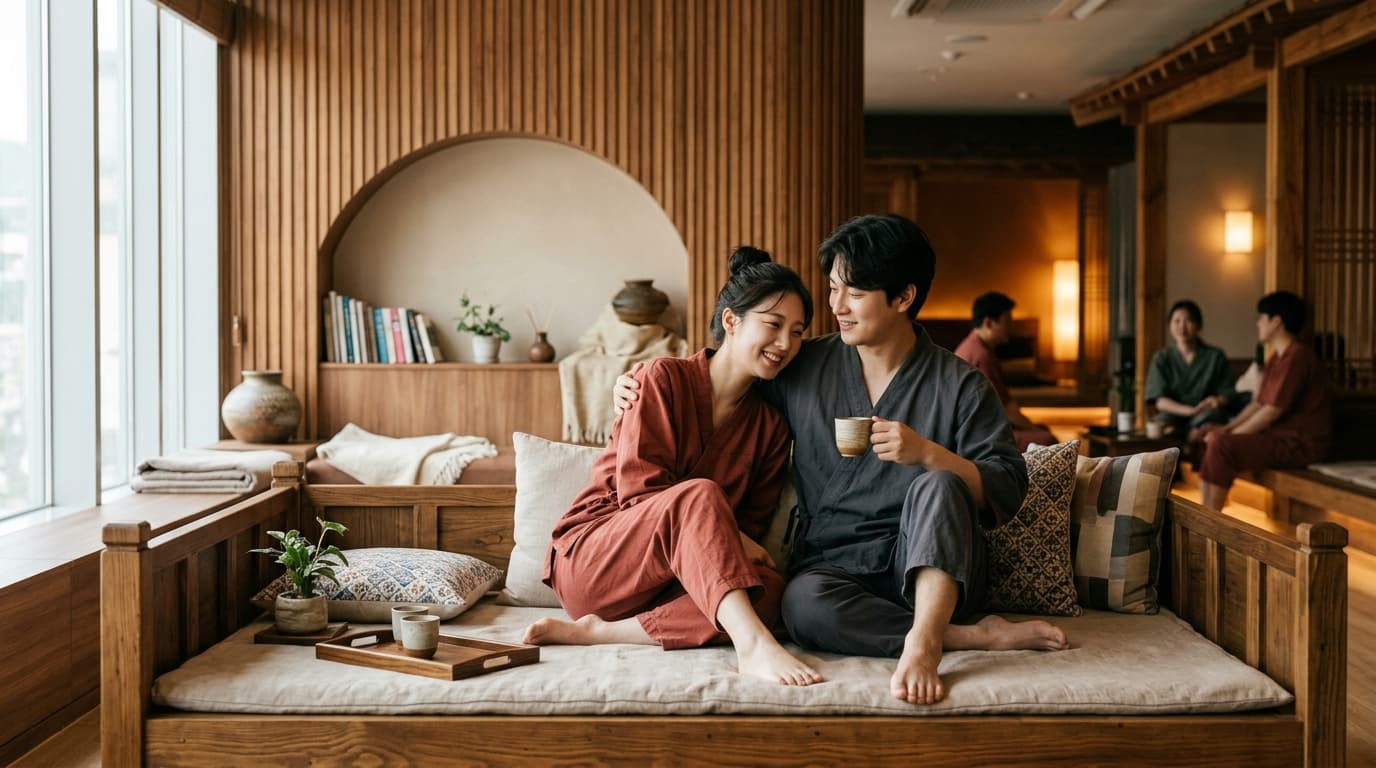 A couple relaxes together in a cozy Seoul jjimjilbang lounge wearing spa uniforms