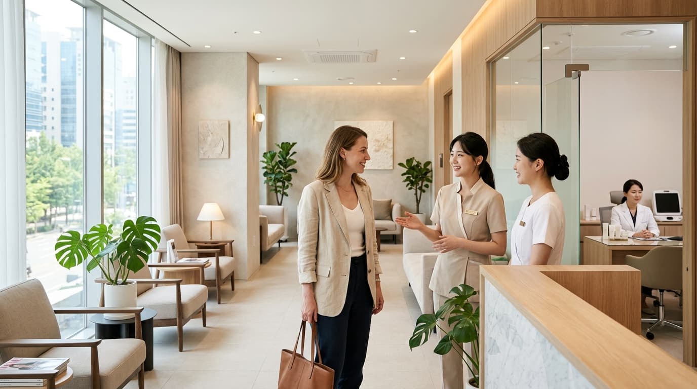 International guest greeted by English-speaking staff at a modern Seoul skin clinic
