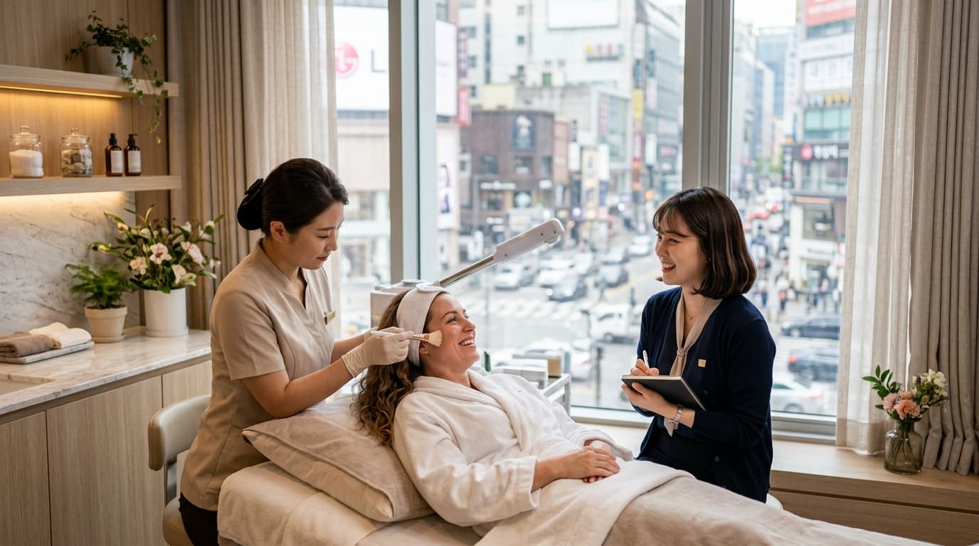 Foreign tourist receiving a K-beauty facial with English interpreter in a modern Myeongdong spa